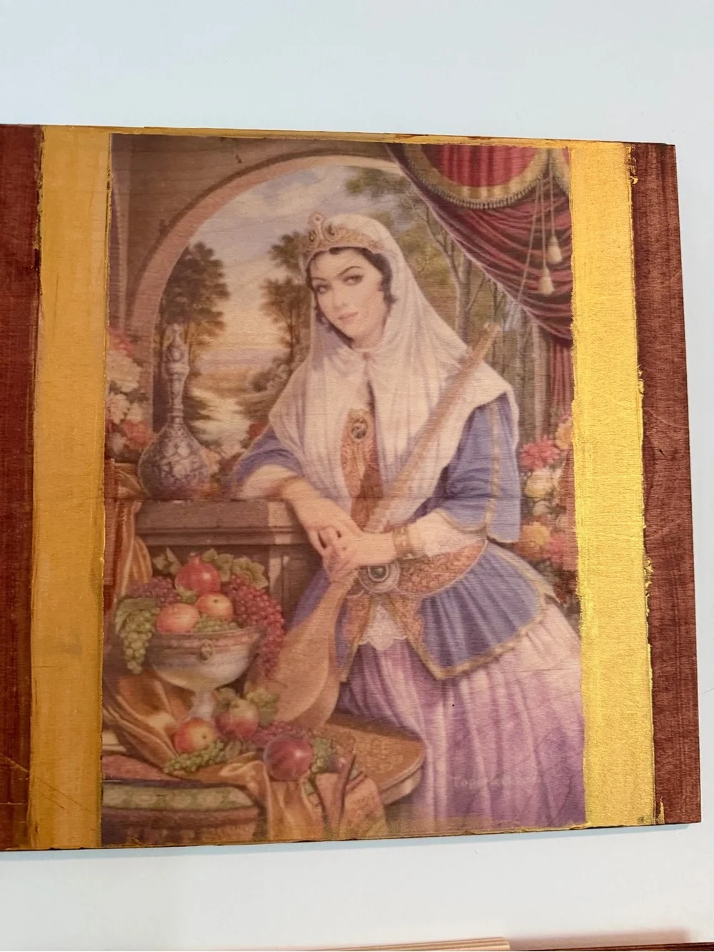 Decorative Wooden Wall Art Panel of a Persian princess in Gold, Purple and Blue